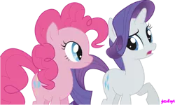 Size: 1024x613 | Tagged: safe, artist:audoubled, derpibooru import, pinkie pie, rarity, earth pony, pony, unicorn, dragonshy, female, mare, open mouth, raised hoof, simple background, smiling, transparent background