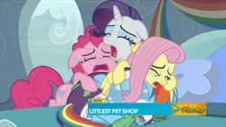 Size: 1280x720 | Tagged: bed, card, clothes, crying, dashie slippers, derpibooru import, fluttershy, mirror, pillow, pinkie pie, rainbow dash, rarity, safe, screencap, shoes, slippers, tank, tanks for the memories, tank slippers, tortoise