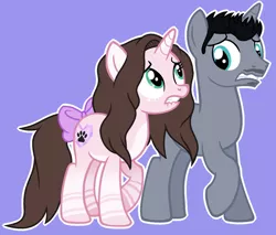 Size: 1024x872 | Tagged: safe, artist:cindydreamlight, derpibooru import, oc, oc:cindy, oc:zac, unofficial characters only, pony, unicorn, blue background, bow, cinzac, female, lip bite, male, mare, simple background, stallion, tail bow, worried