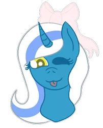 Size: 590x732 | Tagged: safe, artist:curlykinq, derpibooru import, oc, oc:fleurbelle, alicorn, pony, :p, adorable face, alicorn oc, bow, cute, female, hair bow, happy, horn, mare, one eye closed, ribbon, silly, sweet, tongue out, wings, wink, yellow eyes