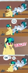 Size: 1563x4096 | Tagged: safe, artist:shinodage, derpibooru import, oc, oc:apogee, oc:delta vee, oc:houston, unofficial characters only, mouse, pegasus, pony, april fools, armpits, bitch, bottle, clothes, comic, cruel, disappointed, drinking, eyes closed, feels, female, filly, floppy ears, freckles, mare, mood whiplash, mother and child, mother and daughter, oof, open mouth, playing dead, right in the feels, sitting, speech bubble, wing hands, wings