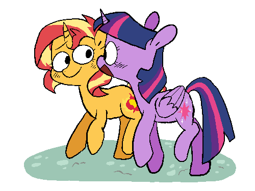 Size: 500x375 | Tagged: safe, artist:pinkiespresent, derpibooru import, sunset shimmer, twilight sparkle, twilight sparkle (alicorn), alicorn, pony, unicorn, blushing, cute, duo, female, mare, open mouth, profile, shimmerbetes, smiling, talking, twiabetes