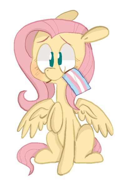 Size: 515x772 | Tagged: safe, artist:pinkiespresent, derpibooru import, fluttershy, pegasus, pony, blushing, cute, female, floppy ears, headcanon, lgbt, lgbt headcanon, mare, mouth hold, no pupils, pride, pride flag, raised hoof, sexuality headcanon, shyabetes, simple background, sitting, smiling, solo, spread wings, transgender pride flag, transparent background, wings