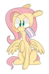 Size: 515x772 | Tagged: safe, artist:pinkiespresent, derpibooru import, fluttershy, pegasus, pony, blushing, cute, female, floppy ears, headcanon, lgbt, lgbt headcanon, mare, mouth hold, no pupils, pride, pride flag, raised hoof, sexuality headcanon, shyabetes, simple background, sitting, smiling, solo, spread wings, transgender pride flag, transparent background, wings