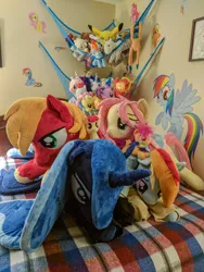 Size: 3120x4160 | Tagged: safe, artist:epicrainbowcrafts, derpibooru import, apple bloom, big macintosh, derpy hooves, fluttershy, pinkie pie, princess luna, rainbow dash, rarity, scootaloo, shining armor, twilight sparkle, vinyl scratch, pony, bed, irl, photo, plushie