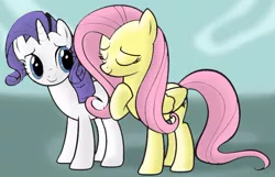 Size: 734x473 | Tagged: safe, artist:mast88, derpibooru import, fluttershy, rarity, pegasus, pony, unicorn, duo, eyes closed, female, folded wings, hoof on chest, mare, smiling, standing, three quarter view, wings