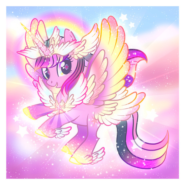 Size: 948x949 | Tagged: safe, artist:conphettey, derpibooru import, twilight sparkle, twilight sparkle (alicorn), alicorn, pony, butt wings, chest wings, goddess, horn wings, implied pinkie pie, multiple wings, rainbow, smiling, solo, sparkles, this isn't even my final form, wing ears, winged hooves, wings