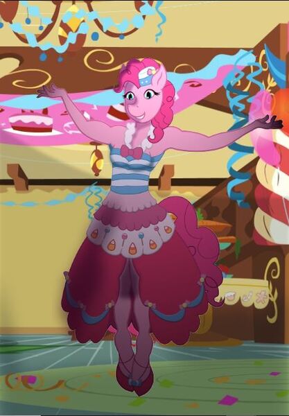 Size: 461x663 | Tagged: anthro, artist:nightveil, artist:nightveilnocturne, clothes, derpibooru import, dress, pinkie pie, safe, sugarcube corner, unguligrade anthro