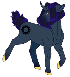 Size: 580x630 | Tagged: safe, artist:guidomista, artist:miiistaaa, artist:nijimillions, derpibooru import, oc, oc:clockwork, pony, unicorn, art trade, black, black hair, black mane, colored hooves, coloured hooves, curved horn, edgy, emo, fullbody, golden eyes, goth, gothic, head turned, hooves, horn, looking at you, male, muscles, raised hoof, raised tail, shiny, shiny hair, shiny mane, simple background, smiling, solo, stallion, tail, transparent background, walking, yellow, yellow eyes