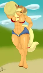 Size: 711x1200 | Tagged: suggestive, artist:angrypotato96, derpibooru import, applejack, anthro, earth pony, unguligrade anthro, abs, blushing, breasts, carrying, clothes, cutie mark, female, freckles, hair tie, hand on hip, hat, looking away, muscles, outdoors, ponytail, pubic hair, revealing clothing, signature, skimpy outfit, solo, solo female, straw, straw in mouth, sweat