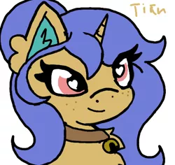 Size: 494x466 | Tagged: safe, artist:tian, derpibooru import, oc, oc:comet dawn, unofficial characters only, cat, cat pony, original species, unicorn, bell, bell collar, collar, female, heart eyes, mare, solo, transgender, wingding eyes