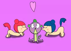 Size: 2100x1500 | Tagged: safe, artist:undeadponysoldier, derpibooru import, spike, oc, oc:dolly, oc:molly, blushing, canon x oc, dollspike, female, heart, kissing, kiss on the cheek, kiss sandwich, lucky bastard, male, smike, spike gets all the mares, spikelove, straight