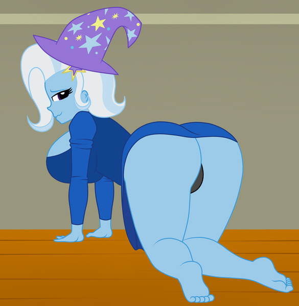 Size: 1900x1950 | Tagged: suggestive, artist:mashoart, derpibooru import, trixie, equestria girls, ass, barefoot, black underwear, breasts, busty trixie, butt, clothes, feet, female, hat, looking back, panties, sexy, solo, solo female, stupid sexy trixie, the ass was fat, the great and powerful ass, thick, thighs, thong, trixie's hat, underwear