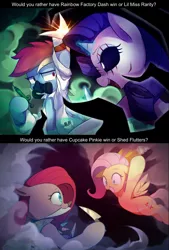 Size: 1175x1739 | Tagged: semi-grimdark, artist:maren, derpibooru import, edit, fluttershy, pinkie pie, rainbow dash, rarity, earth pony, pegasus, pony, unicorn, .mov, fanfic:cupcakes, fanfic:rainbow factory, lil-miss rarity, shed.mov, chainsaw, clothes, creepy, creepy smile, dress, female, fight, knife, looking at each other, mare, pinkamena diane pie, rainbow factory dash, scar, smiling
