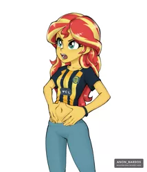 Size: 953x1111 | Tagged: safe, artist:anon_bardos, derpibooru import, sunset shimmer, human, equestria girls, rainbow rocks, argentina, belly button, clothes, football, leggings, midriff, rosario central, solo, sports