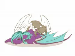 Size: 2000x1500 | Tagged: safe, artist:ponymaker, derpibooru import, oc, oc:kokabiel, unofficial characters only, pony, vampire, vampony, cleaning, cloth, cute, duo, female, grooming, male, mare, preening, sleeping, stallion