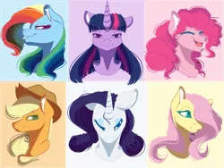 Size: 1261x947 | Tagged: safe, artist:sgtscribbles, derpibooru import, applejack, fluttershy, pinkie pie, rainbow dash, rarity, twilight sparkle, pony, bust, eyes closed, hair over one eye, mane six, one eye closed, simple background, smiling, wink