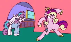 Size: 1256x751 | Tagged: safe, artist:cowsrtasty, derpibooru import, princess cadance, princess flurry heart, pony, bipedal, female, glasses, krumping, marge krumping, mother and child, mother and daughter, nerd, nerdy heart, older, older flurry heart, the simpsons