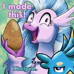 Size: 1024x1024 | Tagged: safe, artist:catscratchpaper, derpibooru import, edit, gallus, silverstream, classical hippogriff, gryphon, hippogriff, hippogriffon, hybrid, fanfic, fanfic:we're eggspecting!, behaving like a bird, blue text, cute, diastreamies, egg, excited, fanfic art, fanfic cover, female, food, funny, gallabetes, gallstream, gallus is not amused, happy, i made this, interspecies offspring, lidded eyes, looking at you, male, offspring, open mouth, parent:gallus, parent:silverstream, parents:gallstream, pink text, shipping, smiling, straight, text, unamused, wide eyes