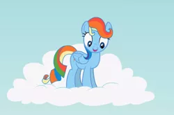 Size: 1106x733 | Tagged: safe, artist:agrol, derpibooru import, screencap, rainbow dash, rarity, pegasus, pony, alternate hairstyle, body swap, cloud, cute, dashabetes, eye swap, female, happy, let's switch bodies, mare, on a cloud, raribetes, smiling, solo, standing on cloud