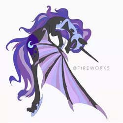 Size: 1912x1912 | Tagged: safe, artist:tiffna0310, derpibooru import, nightmare moon, alicorn, bat pony, bat pony alicorn, pony, bat wings, eyes closed, horn, simple background, solo, spread wings, unshorn fetlocks, watermark, white background, wings