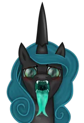 Size: 5477x8000 | Tagged: suggestive, artist:emu34b, derpibooru import, queen chrysalis, changeling, blushing, bust, drool, drool string, fangs, female, fetish, forked tongue, glasses, long tongue, looking at you, maw, mawshot, open mouth, reversalis, solo, tongue out