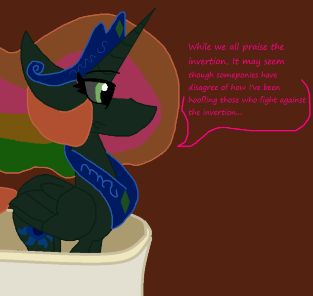 Size: 901x854 | Tagged: safe, artist:eeveeglaceon, derpibooru import, princess celestia, alicorn, pony, tumblr:the sun has inverted, balcony, blue sun, brown background, canterlot, canterlot castle, civil war, color change, darkened coat, divided equestria, female, green eye, invert princess celestia, inverted, inverted colors, inverted princess celestia, multicolored hair, rainbow hair, sidemouth, simple background, solo, tumblr, word balloon, word bubble