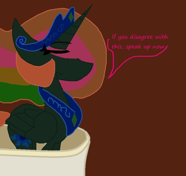 Size: 901x854 | Tagged: safe, artist:eeveeglaceon, derpibooru import, princess celestia, alicorn, pony, tumblr:the sun has inverted, balcony, blue sun, brown background, canterlot, canterlot castle, civil war, color change, darkened coat, eyes closed, female, invert princess celestia, inverted, inverted colors, inverted princess celestia, multicolored hair, rainbow hair, sidemouth, simple background, solo, tumblr, word balloon, word bubble