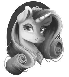 Size: 1041x1168 | Tagged: safe, artist:sgtscribbles, derpibooru import, rarity, pony, unicorn, :3, bust, element of generosity, female, grayscale, lidded eyes, looking at you, mare, monochrome, simple background, smiling, solo, stray strand, transparent background