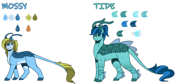 Size: 1280x558 | Tagged: artist:sketchthebluepegasus, black sclera, derpibooru import, female, grottoling, male, oc, oc:mossy, oc:tide, original species, reference sheet, safe, simple background, skimmer, transparent background