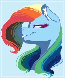 Size: 386x458 | Tagged: safe, artist:sgtscribbles, derpibooru import, edit, part of a set, rainbow dash, pony, blue background, bust, cropped, ear fluff, female, grin, lidded eyes, looking back, mare, simple background, smiling, solo, watermark