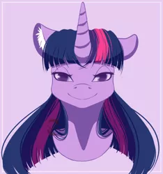 Size: 428x458 | Tagged: safe, artist:sgtscribbles, derpibooru import, edit, part of a set, twilight sparkle, pony, bust, cropped, ear fluff, female, floppy ears, lidded eyes, looking at you, mare, pink background, simple background, smiling, solo, uncanny valley, watermark