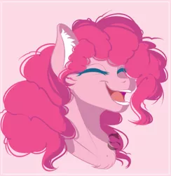 Size: 447x458 | Tagged: safe, artist:sgtscribbles, derpibooru import, edit, part of a set, pinkie pie, pony, bust, cropped, ear fluff, eyes closed, female, happy, mare, open mouth, pink background, simple background, solo, watermark