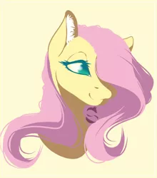 Size: 431x490 | Tagged: safe, artist:sgtscribbles, derpibooru import, edit, part of a set, fluttershy, pony, bust, cropped, ear fluff, female, hair over one eye, lidded eyes, mare, simple background, smiling, solo, watermark, yellow background