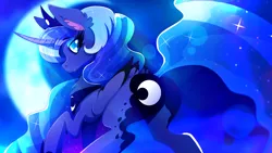 Size: 1920x1080 | Tagged: safe, alternate version, artist:rariedash, derpibooru import, princess luna, alicorn, pony, butt, color porn, crescent moon, curved horn, ethereal mane, female, horn, looking at you, looking back, looking back at you, mare, moon, moonbutt, neck fluff, night, plot, sidemouth, solo, starry mane, wallpaper