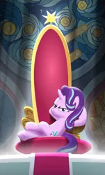 Size: 1077x1787 | Tagged: safe, derpibooru import, part of a set, starlight glimmer, pony, unicorn, evil grin, evil starlight, glorious leader, grin, part of a series, s5 starlight, s9 throne series, smiling, smirk, smug, smuglight glimmer, supreme, the great dictator, this will end in communism, this will end in timeline distortion, throne, throne room, welcome home twilight
