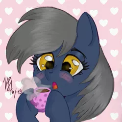 Size: 1891x1896 | Tagged: safe, artist:justshy, derpibooru import, oc, oc:recky rich, pegasus, pony, blushing, cup, cute, female, food, mare, steam, tea