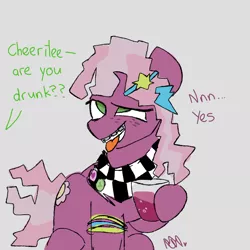 Size: 1000x1000 | Tagged: safe, artist:lynmunn, derpibooru import, cheerilee, 80s, 80s cheerilee, alcohol, braces, drinking, drunk, offscreen character, simple background, solo, text, tongue out, younger