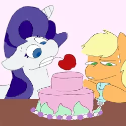 Size: 1280x1280 | Tagged: safe, artist:lynmunn, derpibooru import, applejack, rarity, earth pony, pony, unicorn, cake, cute, duo, female, food, lesbian, rarijack, shipping, sweat