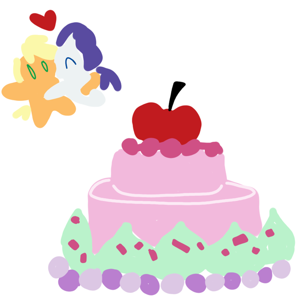 Size: 800x800 | Tagged: safe, artist:lynmunn, derpibooru import, applejack, rarity, pony, apple, cake, cute, duo, female, food, hug, jackabetes, lesbian, raribetes, rarijack, shipping, simple background