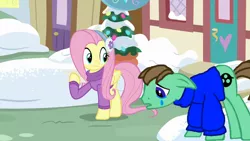 Size: 1280x720 | Tagged: source needed, safe, artist:ianpony98, derpibooru import, edit, edited screencap, screencap, fluttershy, oc, oc:ian, pony, best gift ever, clothes, crying, duo, earmuffs, sweater, winter outfit