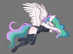 Size: 3456x2580 | Tagged: alicorn, anthro, artist:dinoalpaka, big breasts, breasts, cleavage, clothes, derpibooru import, female, looking at you, mare, princess celestia, rcf community, simple background, socks, solo, solo female, stockings, suggestive, thigh highs, underhoof, unguligrade anthro, wrong eye color