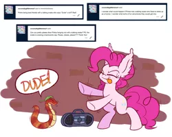 Size: 1280x1024 | Tagged: safe, artist:heir-of-rick, derpibooru import, pinkie pie, earth pony, pony, snake, ask, backwards ballcap, baseball cap, boombox, cap, dancing, hat, tongue out, tumblr