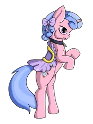 Size: 3000x4000 | Tagged: safe, artist:tunrae, derpibooru import, royal ribbon, pony, unicorn, background pony, bow, choker, commission, female, mare, rearing, saddle, simple background, solo, tack, transparent background