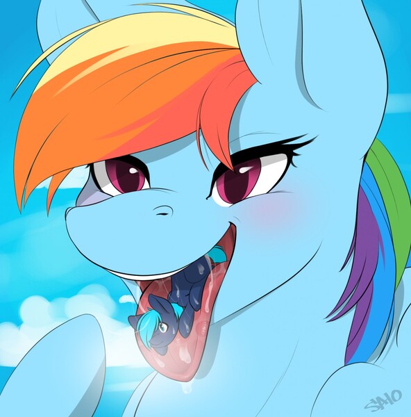 Size: 1262x1280 | Tagged: suggestive, artist:saiokisaragi, derpibooru import, rainbow dash, oc, pegasus, pony, blushing, drool, female, fetish, mare, mawshot, micro, open mouth, preddash, tongue out, tongue play, vore