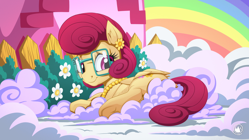 Size: 1920x1080 | Tagged: safe, alternate version, artist:mysticalpha, derpibooru import, edit, posey shy, pegasus, pony, cloud, cute, female, fence, flower, flower in hair, folded wings, glasses, house, jewelry, lidded eyes, lightly watermarked, looking at you, mare, necklace, prone, rainbow, sfw edit, smiling, solo, strategically covered, underhoof, watermark, wings