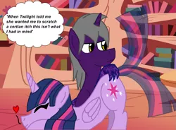 Size: 1467x1081 | Tagged: suggestive, artist:demonangeltheo, derpibooru import, twilight sparkle, twilight sparkle (alicorn), oc, alicorn, dracony, dragon, hybrid, pony, butt scratch, face down ass up, golden oaks library, pony oc, tail wag