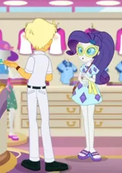 Size: 446x630 | Tagged: safe, derpibooru import, screencap, ragamuffin (equestria girls), rarity, equestria girls, equestria girls series, spring breakdown, spoiler:eqg series (season 2), arms, clothes, cropped, feet, female, geode of shielding, glasses, legs, magical geodes, male, open-toed shoes, pants, ponytail, sandals, shoes, skirt