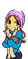 Size: 730x1529 | Tagged: safe, artist:gsphere, derpibooru import, sunset shimmer, equestria girls, beanie, clothes, gloves, hat, looking at you, scarf, simple background, smiling, snow, solo, white background, winter outfit