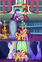 Size: 1414x2055 | Tagged: safe, derpibooru import, screencap, spike, sunset shimmer, twilight sparkle, twilight sparkle (alicorn), alicorn, dog, pony, equestria girls, equestria girls series, forgotten friendship, rainbow rocks, spring breakdown, spoiler:eqg series (season 2), comparison, cutie mark, female, friendship, hand, hug, male, reunion, spike the dog, spike's dog collar